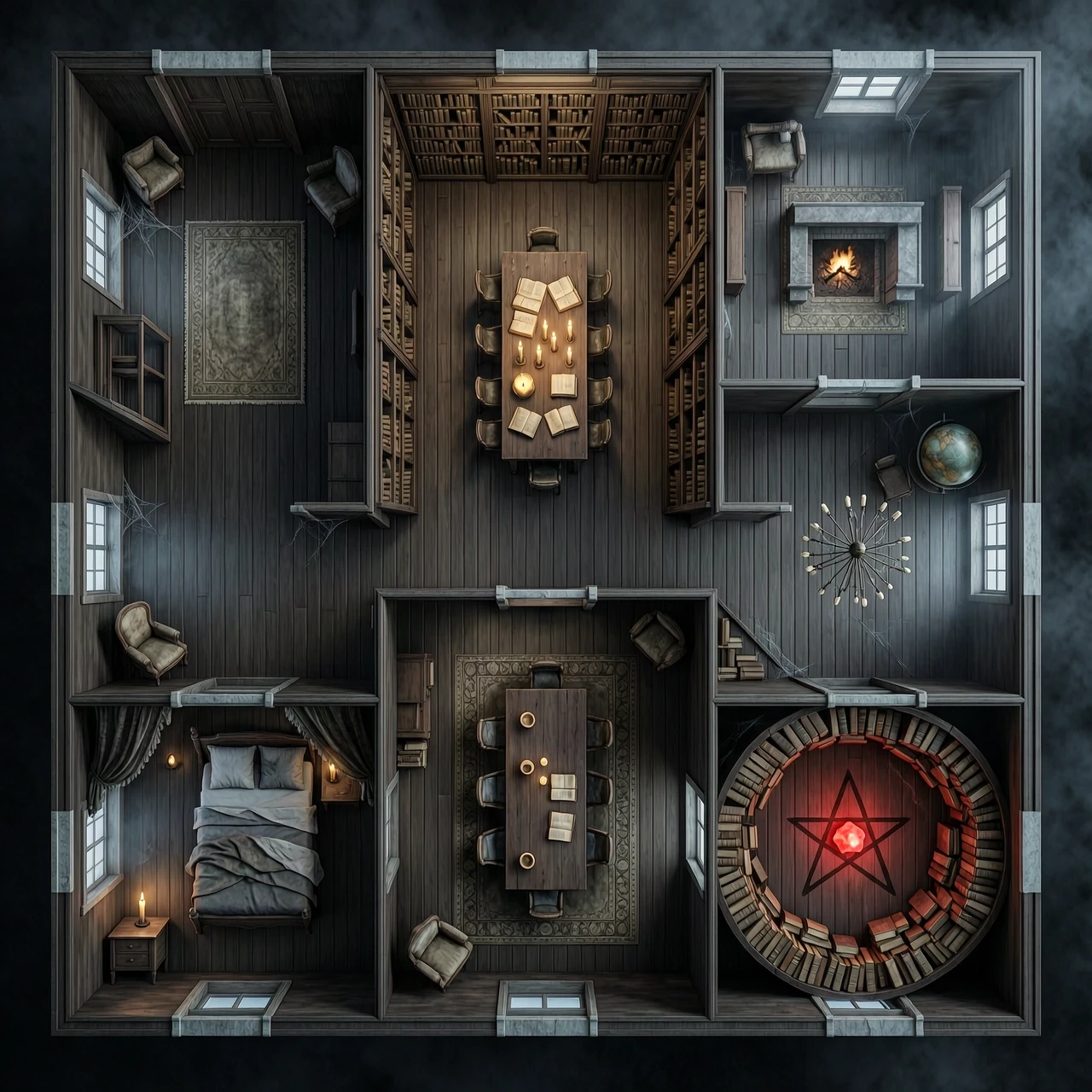 Photorealistic 3D architectural rendering, strict top-down 90-degree overhead view, looking straight down at a massive dark haunted gothic library mansion. The layout shows a…