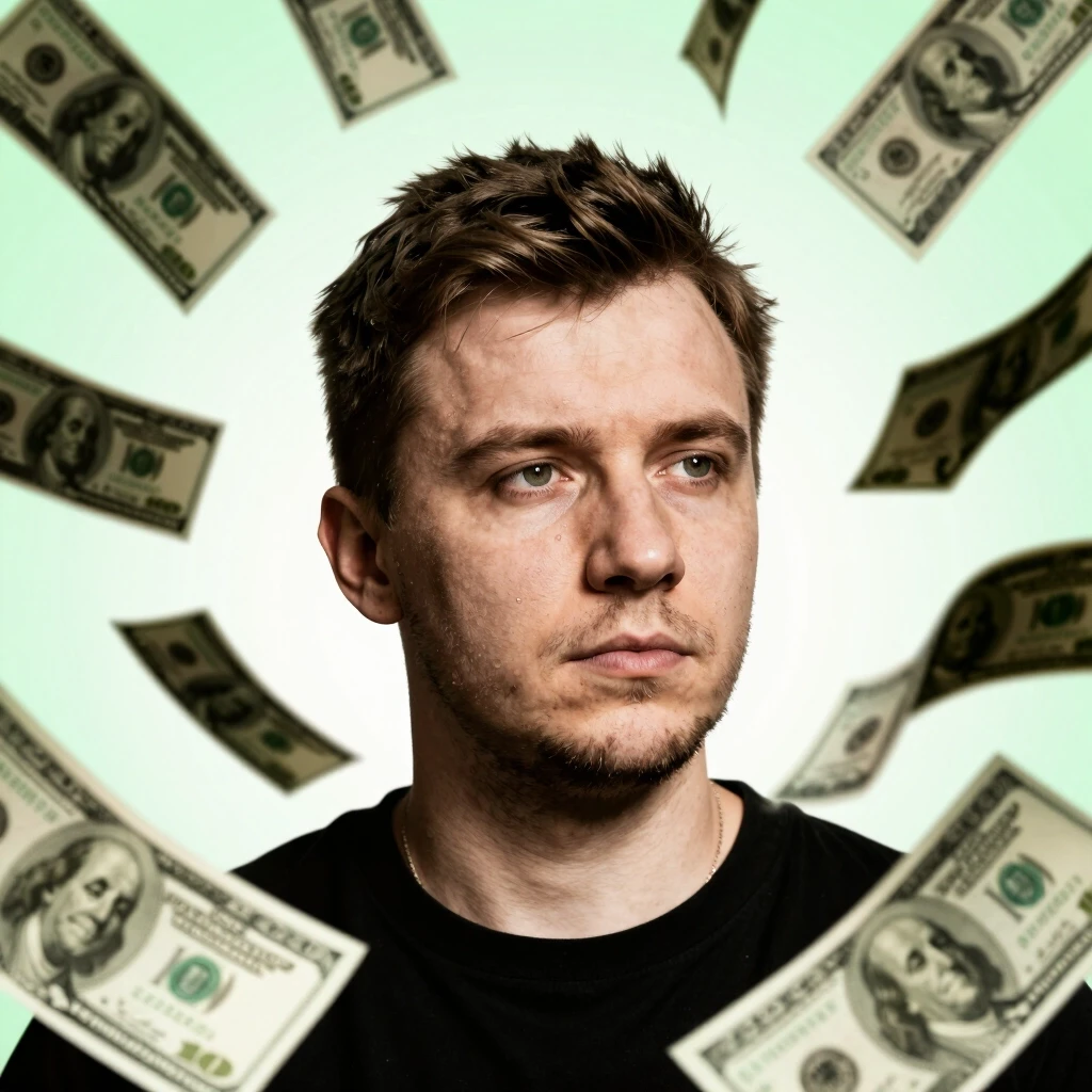 a close up of a poster with money flying around it, dmitry prozorov style, album cover — работа пользователя Экстремальная Вспышка