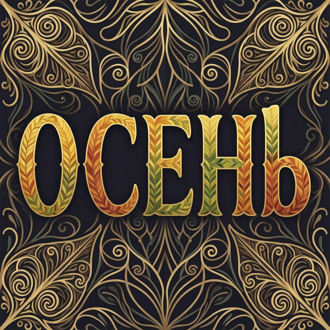 Digital image with double exposure and overlay of layers and textures. Vector graphics. The word "OCEHb" is made of gold, crimson and green skeletonized textured…