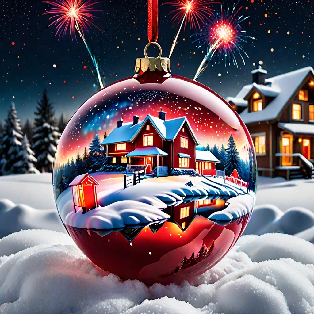 A hyperrealistic digital double exposure artwork for New Year's. Three distinct images are seamlessly blended: the detailed, reflective surface of a red glass bauble, a…
