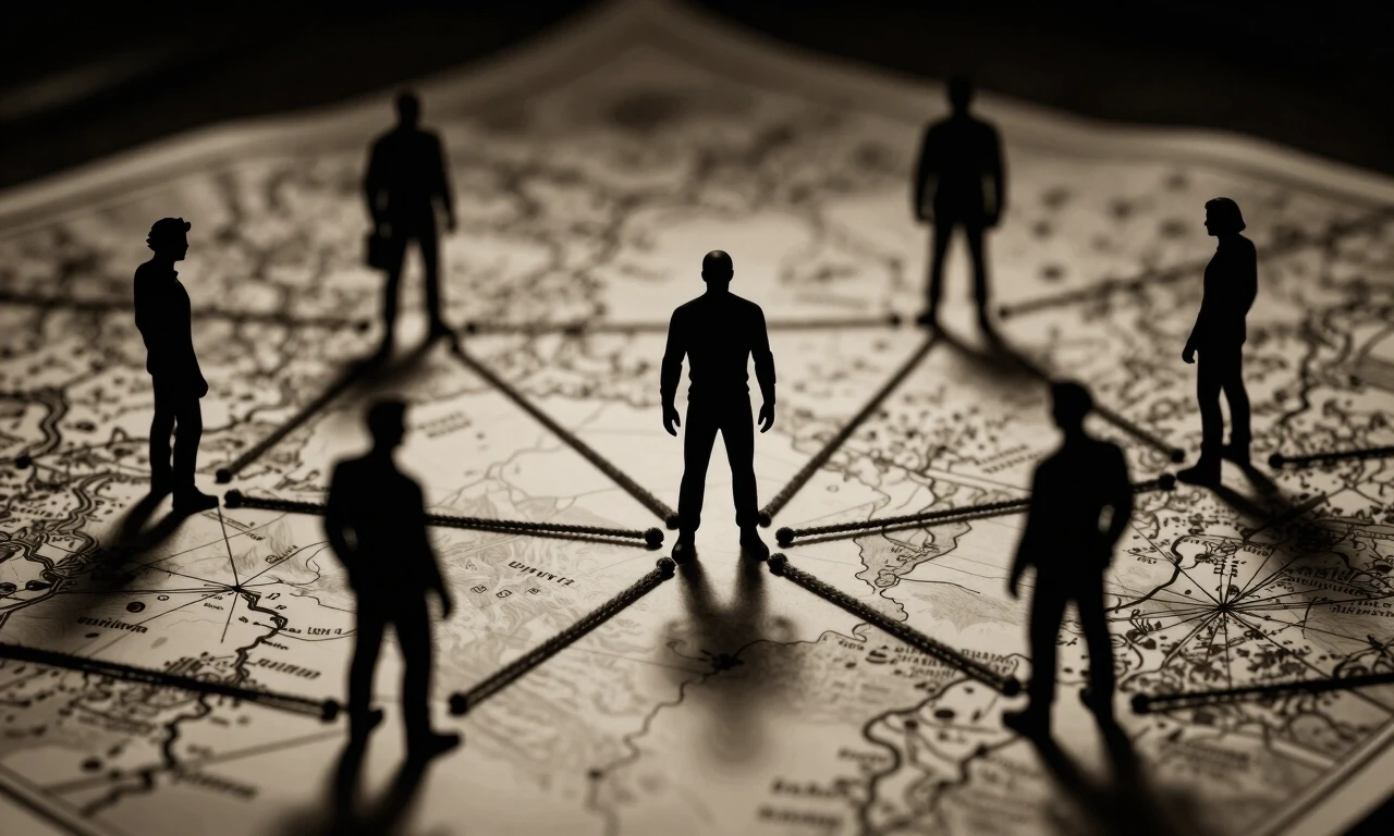 Conceptual image, silhouettes of several shadowy fictional figures connected by string on a map, spy network concept, dark moody atmosphere, sepia — работа пользователя…