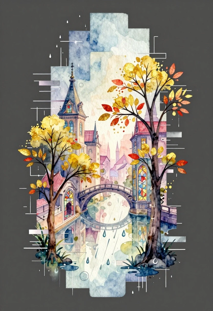 A watercolor painting is a logo or tattoo on a dark gray background with a gradient. Art Deco. A vertical composition with a striking glitch effect. Visible texture of the…