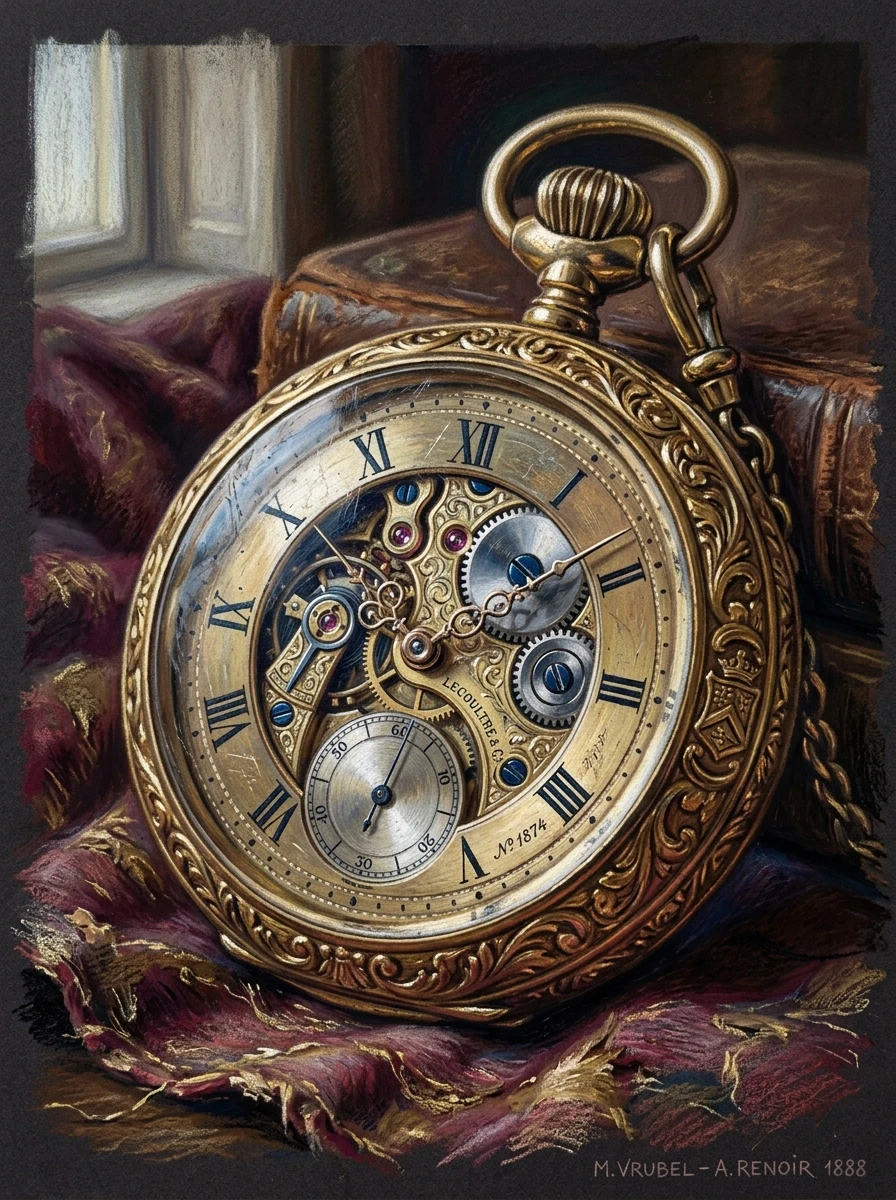 A real masterpiece. How artificial intelligence would depict: ((Aesthetics: a drawing made in pastel technique. An image of an antique pocket watch)). Intense close-up. High…