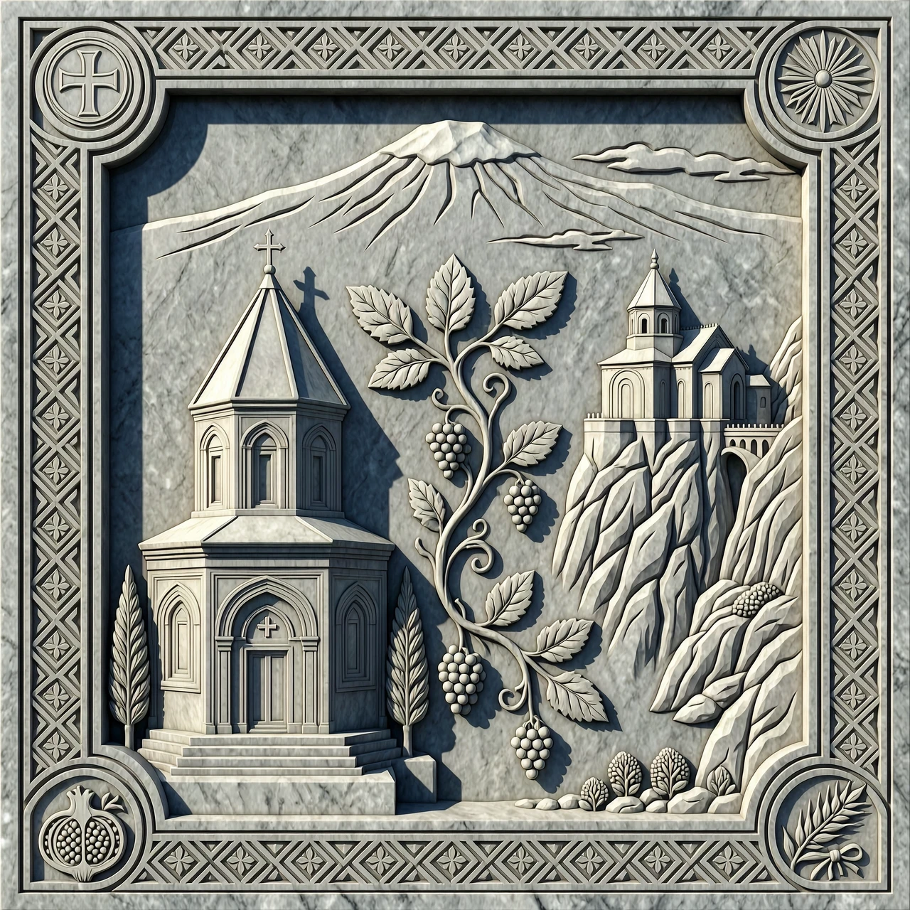 A realistic bas-relief carved in granite for a memorial plaque. The composition shows two Armenian churches: Saint Gayane Church on one side and Tatev Monastery on its iconic…