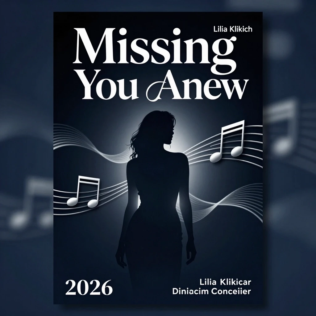 Poster design for music premiere, dramatic yet hopeful atmosphere, Lilia Klikich concert poster, "Missing You Anew" song title, cinematic aesthetic, dark blue and…