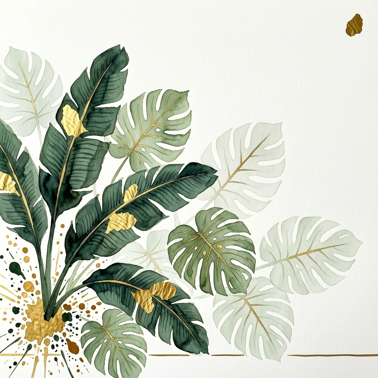 Minimalist botanical watercolor poster, dark green tropical banana leaf and monstera leaves extending diagonally upwards from bottom left, pale white translucent leaf…