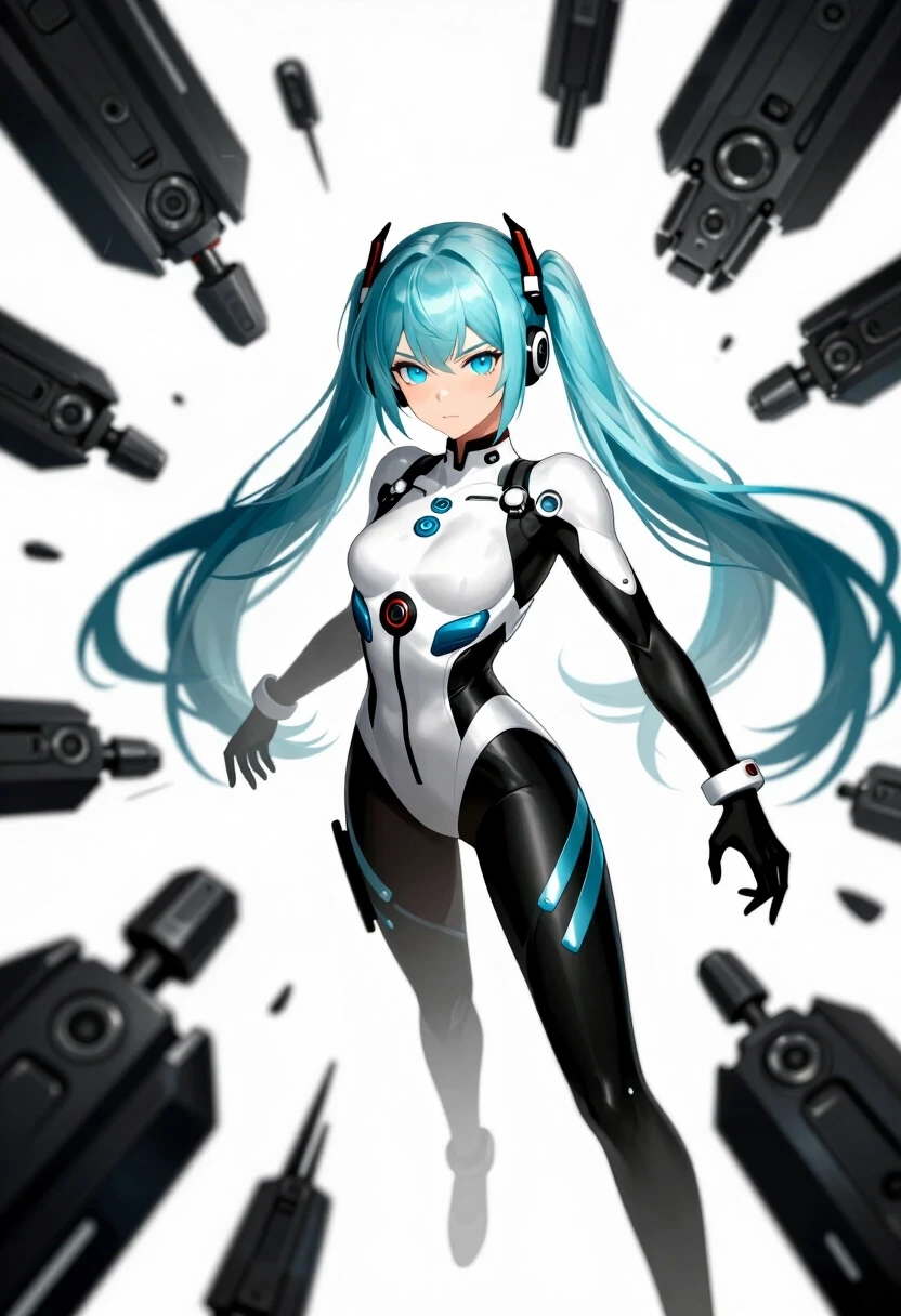 (lacia beatless:1.3), beatless, 1girl, solo, android, very long hair, hair down, (ice blue hair, light silver-blue hair:1.2), blunt bangs, black mechanical hair ornaments, (dark…