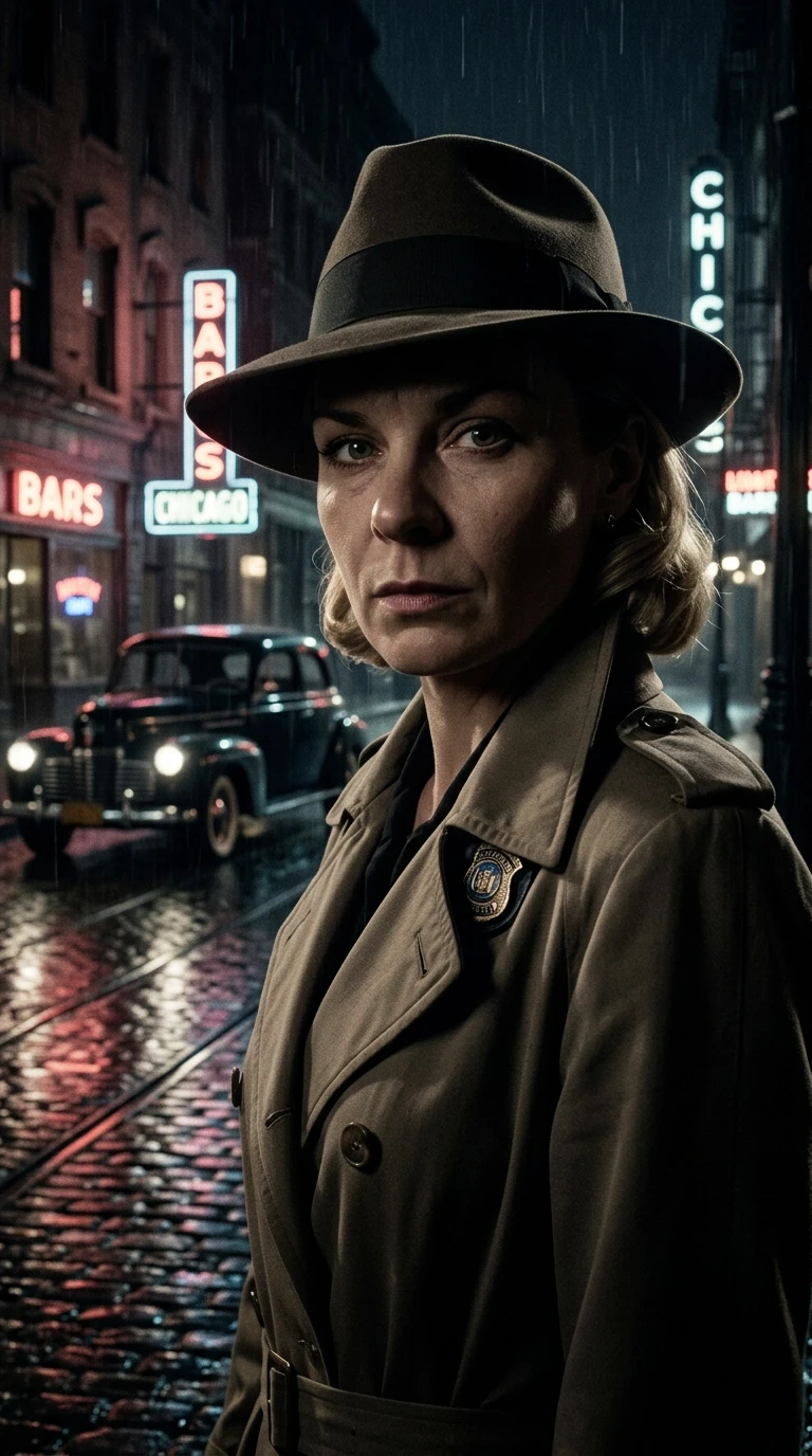 Cinematic film still, 1950s film noir aesthetic, Chicago detective noir setting. A stunning femme fatale with the exact same facial features, maintaining her original identity,…