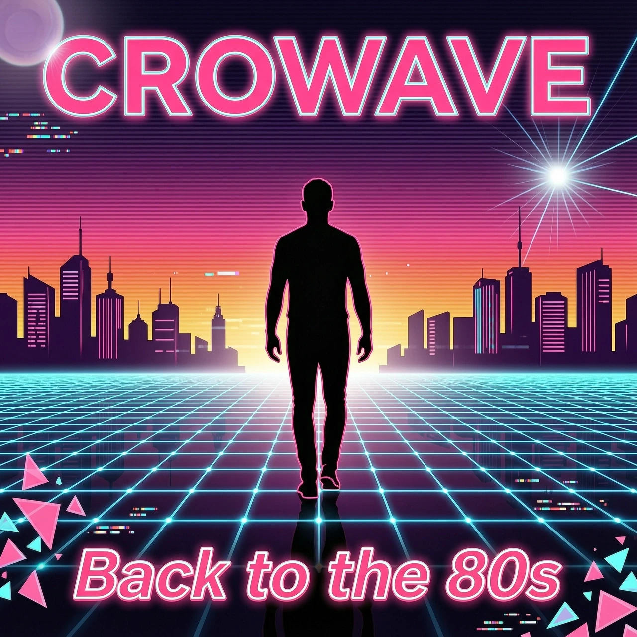 Album cover art for a Pop Dance track titled "Back to the 80s" by the group "CROWAVE". Retro-futurism aesthetic, a glowing neon silhouette of a man walking…