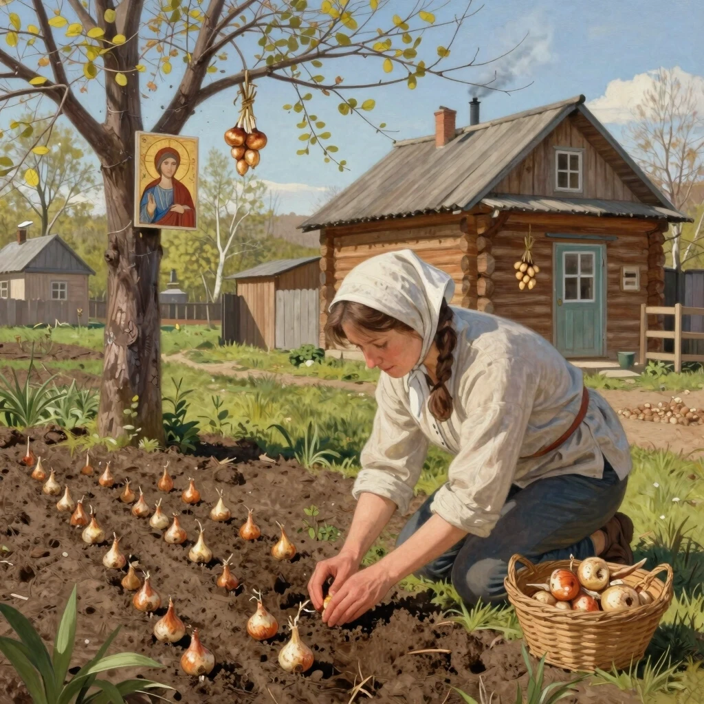 Тёплая, полная надежды сцена в огороде в солнечный весенний день. Женщина в простом платке стоит на коленях на тёмной, богатой земле, осторожно высаживая маленький лук-севок в…