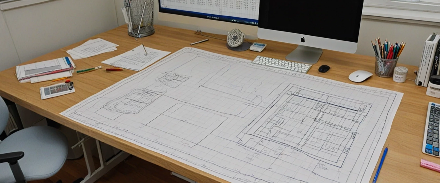 Photorealistic, frontal view of a clothing pattern design bureau. Foreground: a matte white desk with neatly arranged paper sewing patterns, transparent plastic drafting rulers…