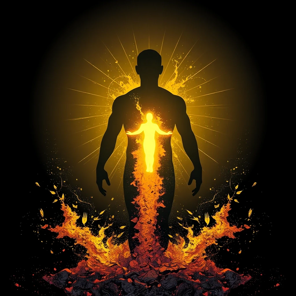 A human silhouette crumbling into golden dust, revealing a glowing spiritual form beneath, comic book style with cinematic dramatic lighting, dark graphic novel aesthetic, bold…