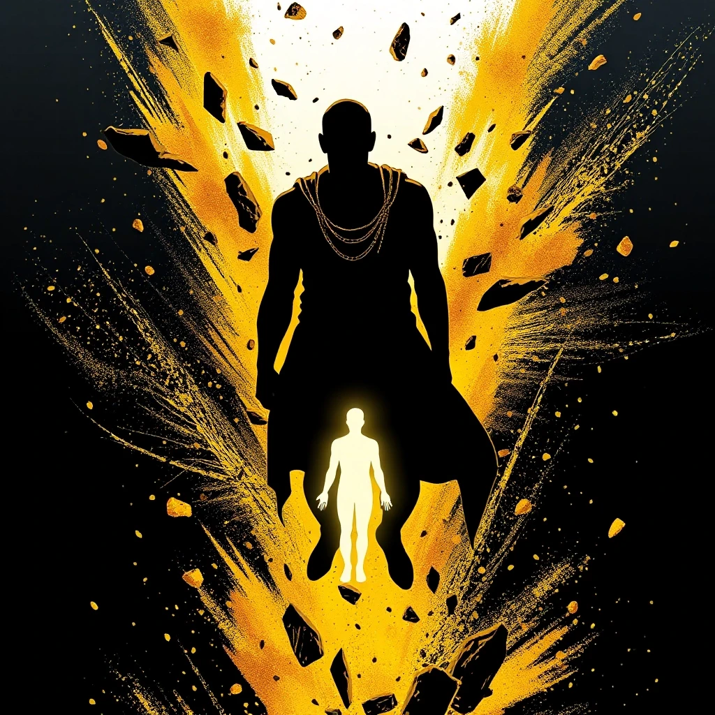 A human silhouette crumbling into golden dust, revealing a glowing spiritual form beneath, comic book style with cinematic dramatic lighting, dark graphic novel aesthetic, bold…