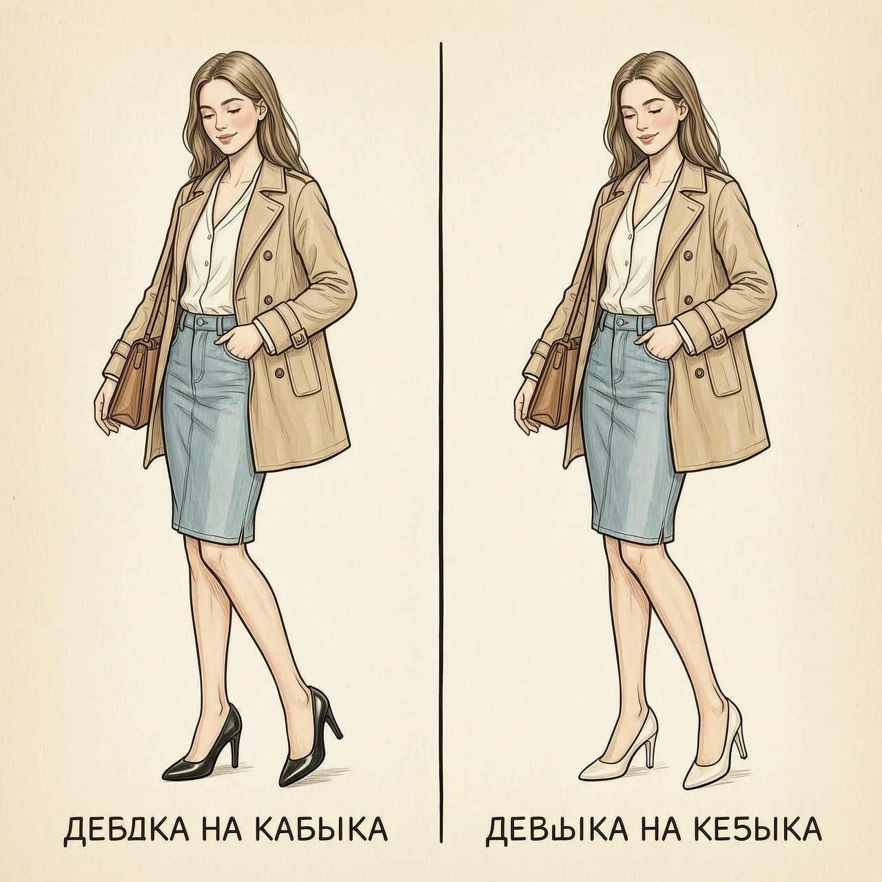 Нарисуй сравнение образа девушки на каблука и без — работа пользователя Прекрасная Оптика