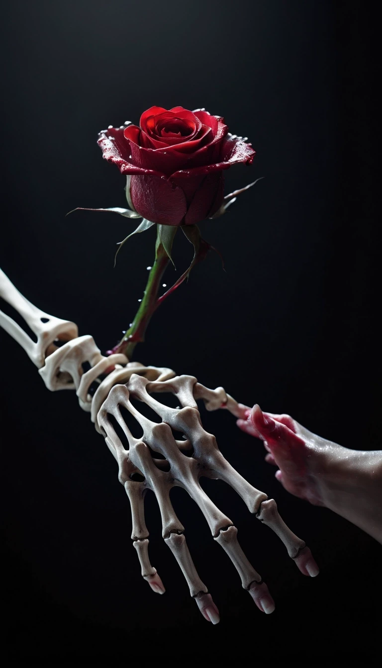 Masterpiece. best quality. Epic. cinematic. Award winning. Ultra detailed. dramatic. attention-grabbing. challenge winning. A skeletal hand delicately holds a single, perfect…