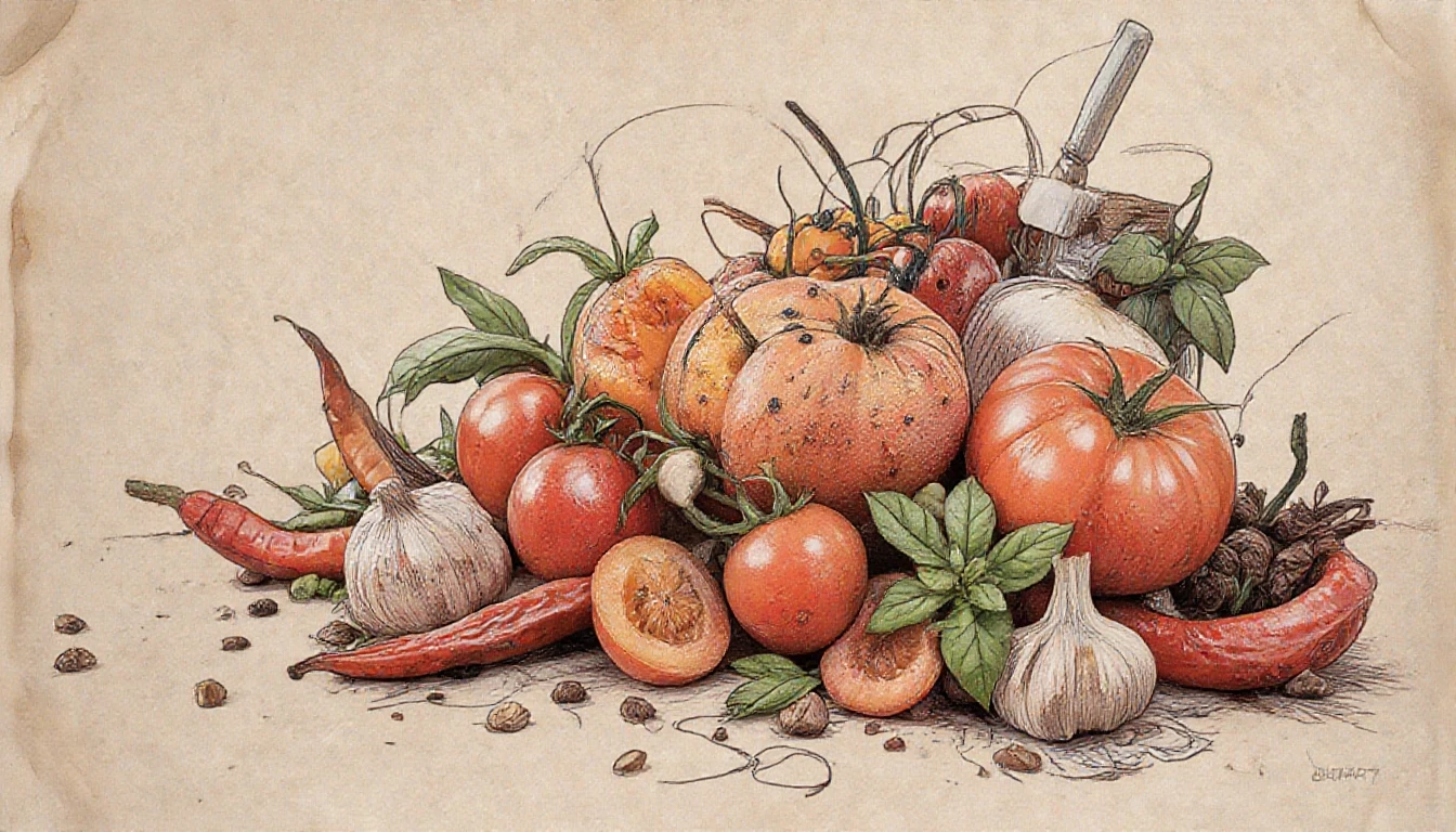 Фронтальный вид с боку. Старая бумага. Tomatos, basilik, чили перец, чеснок, пряности, специи. — работа пользователя Многоцветная Прозрачность