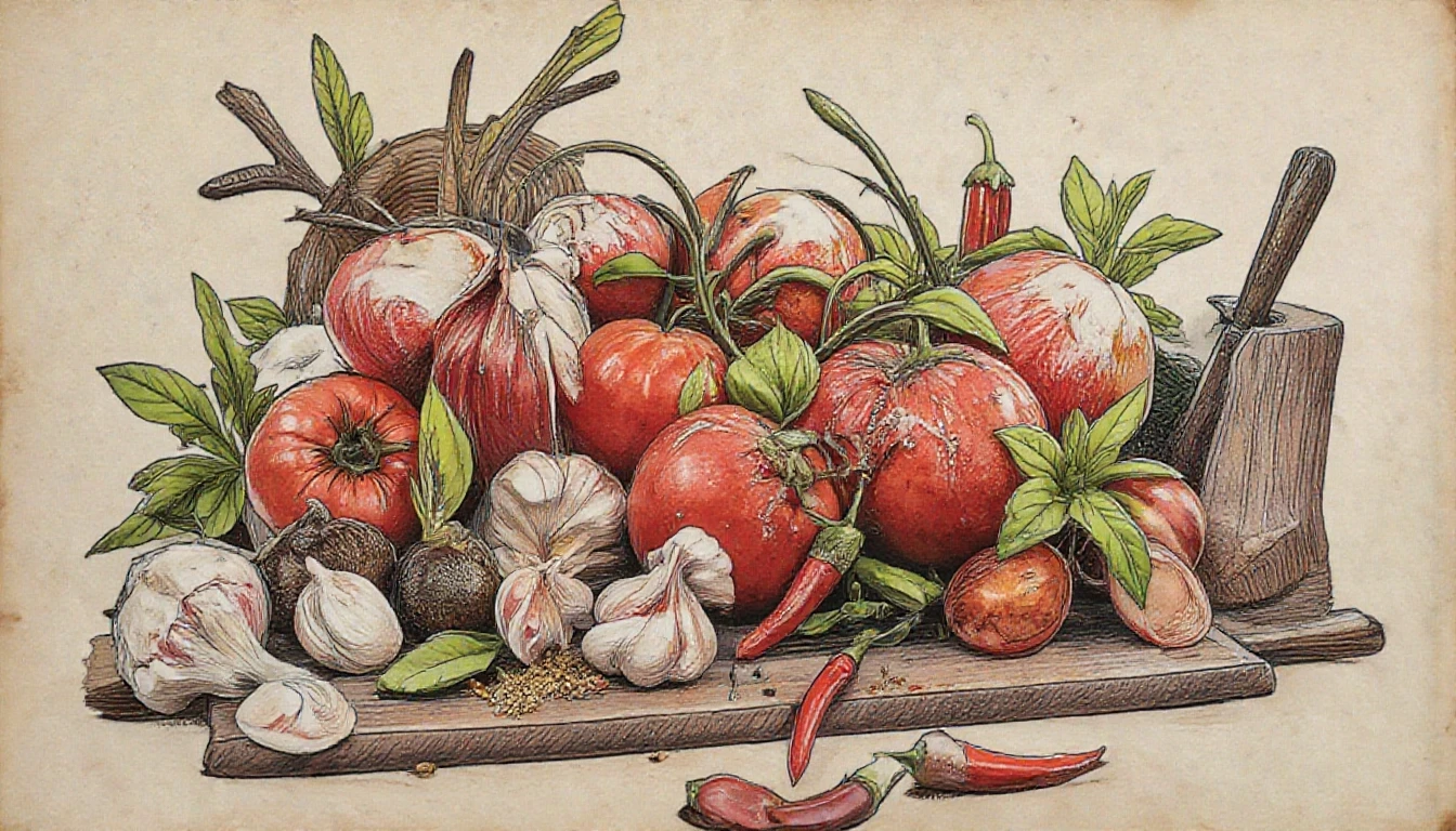Фронтальный вид с боку. Старая бумага. Tomatos, basilik, чили перец, чеснок, пряности, специи. — работа пользователя Многоцветная Прозрачность