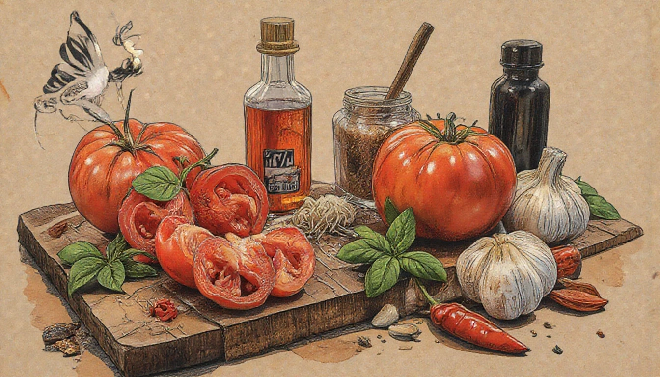 Фронтальный вид с боку. Старая бумага. Tomatos, basilik, чили перец, чеснок, пряности, специи. — работа пользователя Многоцветная Прозрачность