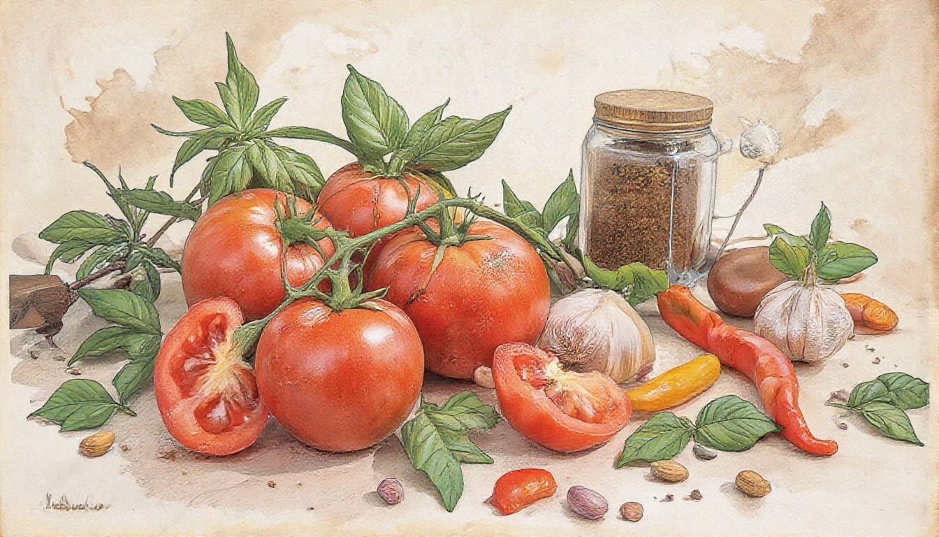 Фронтальный вид с боку. Старая бумага. Tomatos, basilik, чили перец, чеснок, пряности, специи. — работа пользователя Многоцветная Прозрачность