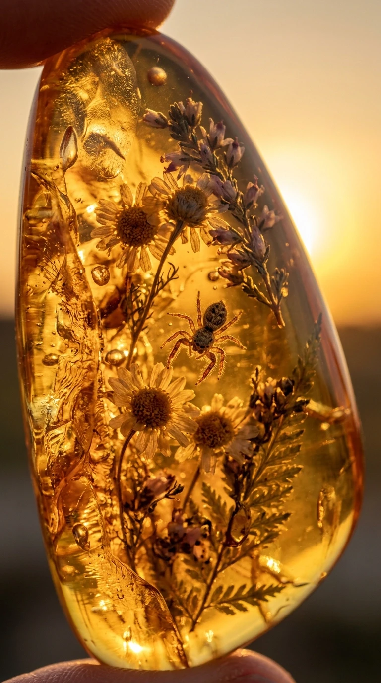 A masterpiece. The style is hyperrealism of decorative complexity.((Image of amber resin with frozen flowers and a spider on the background of the sun)). High resolution. High…