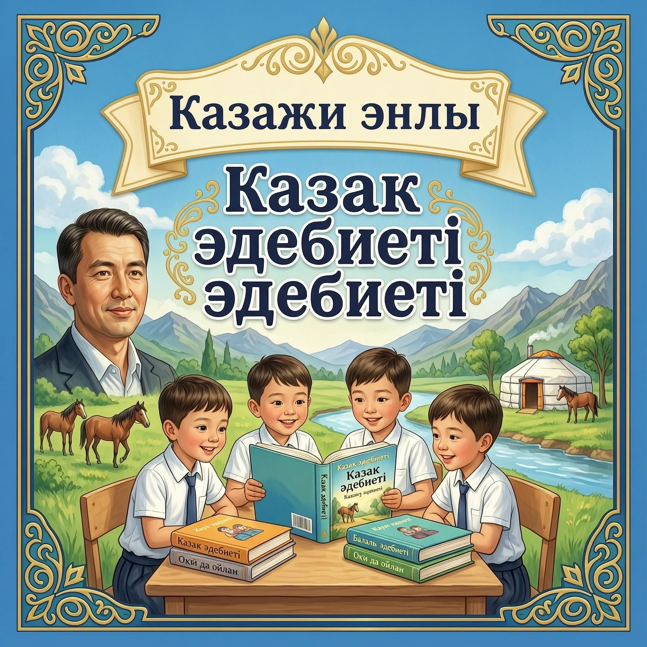 Create a vertical children’s literature book cover in a bright, colorful, semi-realistic painterly illustration style, matching a premium Kazakh school library book cover. At…