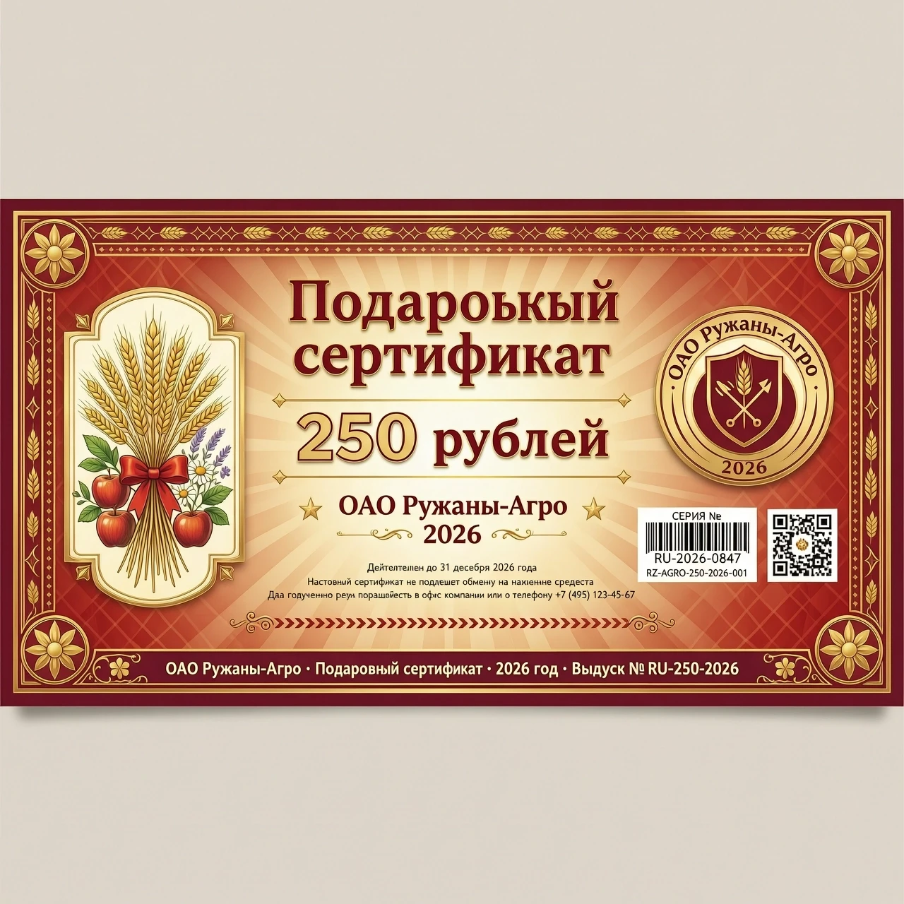 Создать сертификат, надпись по центру листа (Подарочный сертификат), ниже написано на сумму 250 рублей, ниже написано (ОАО Ружаны-Агро 2026. Оформления яркое, красочное, для…