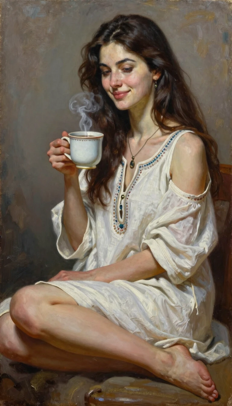 Oil painting, hyperrealism,full-length portrait, close-up, burning brunette beauty, modest smile,sitting with long hair, white linen tunic with ornaments, open shoulders,…