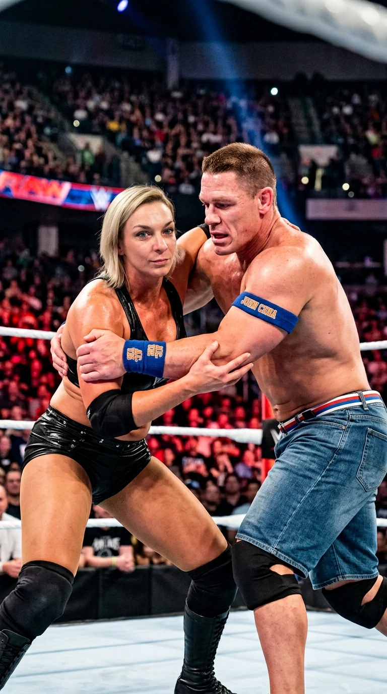 Cinematic hyper-realistic action shot, wide angle, professional wrestling match in a crowded arena. A woman in professional wrestling gear is engaged in an intense grappling…