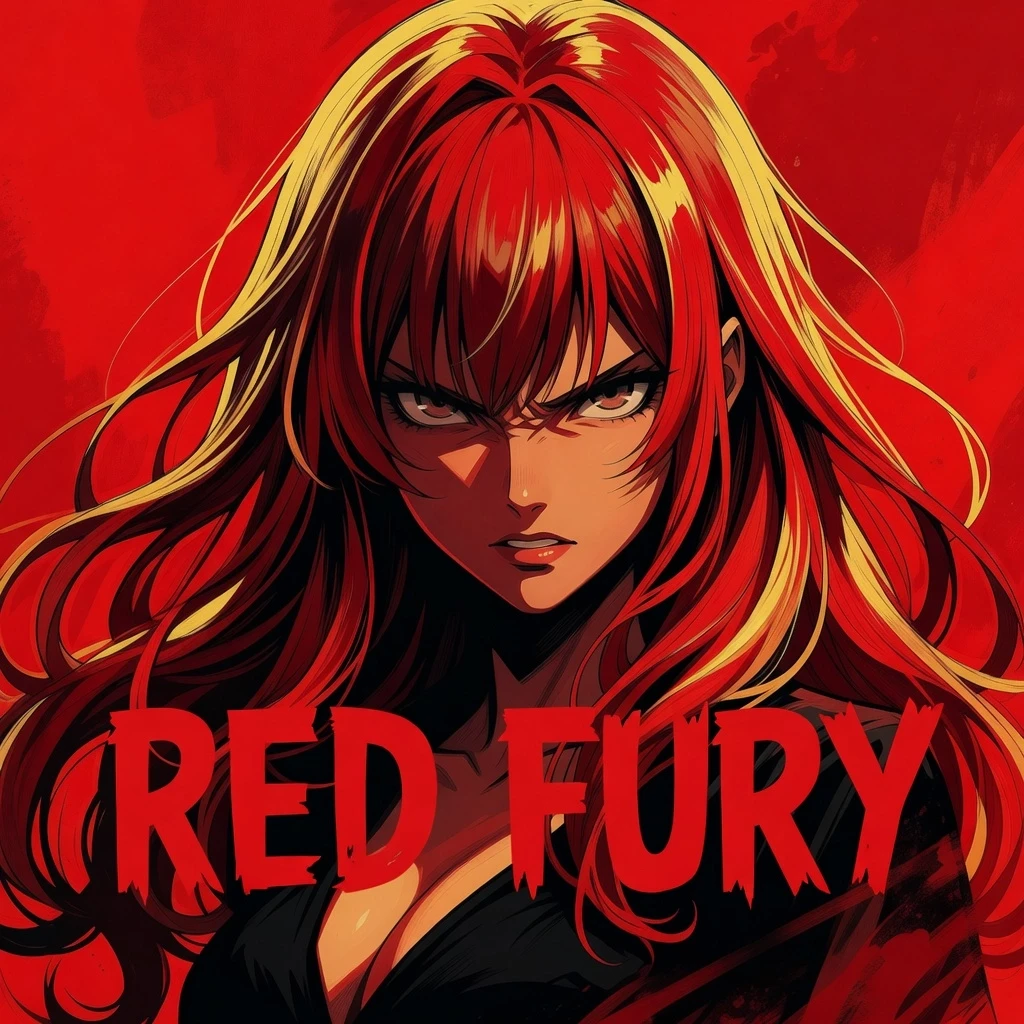 anime girl with long red hair and yellow hair with a red background, inspired by Lujo Bezeredi, ((red)), furia roja text, she has black hair with bangs — работа пользователя…