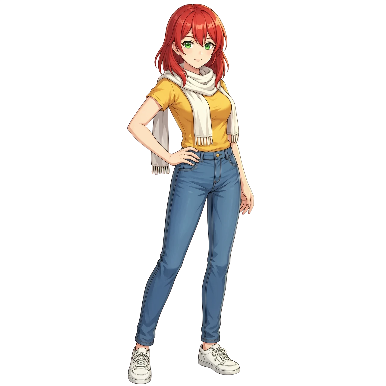 Full-body anime-style redhead, standing pose, 3/4 angle, confident expression; one hand on hip, the other relaxed; detailed outfit: blue jeans, yellow top, white scarf;…