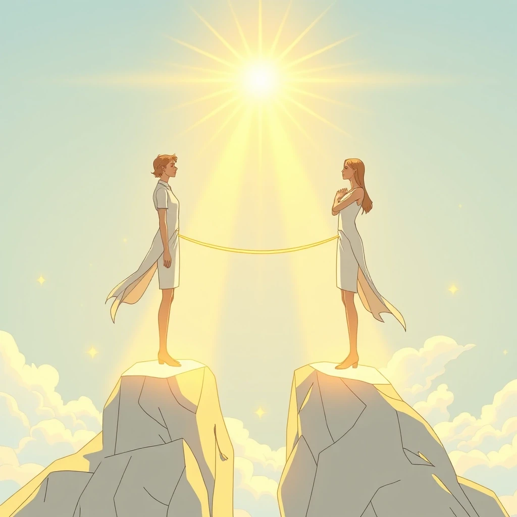 Two figures stand on separate pillars of light, connected by a bridge of energy. Neither leans on the other. Both are whole. The background is a vast open sky. Style: romantic…