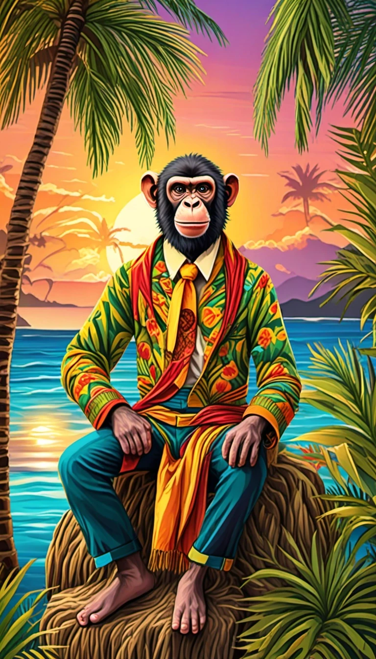 A comical picture. A monkey dressed in clothes is sitting in the palm tree leaves with a banana in its hand, surrounded by a colorful sunset on the ocean coast — работа…
