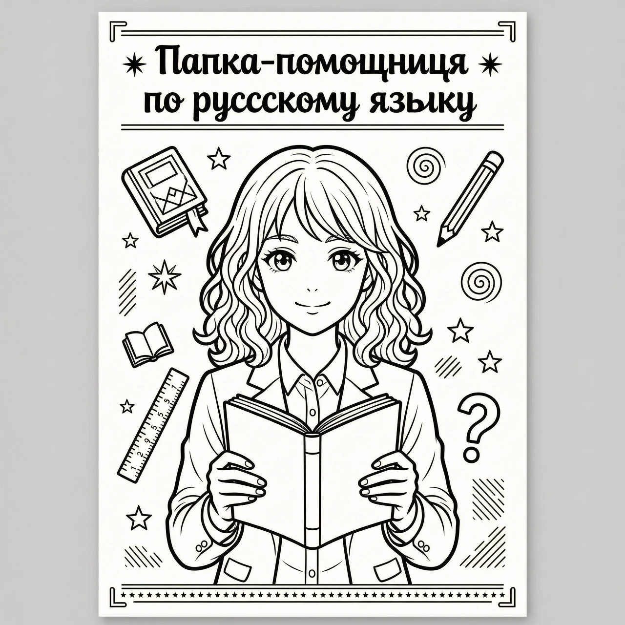 A4 folder cover, anime style, black and white line art, coloring page, outline only, no color fill, no grayscale. IMPORTANT: all Russian text must be written correctly, letter…