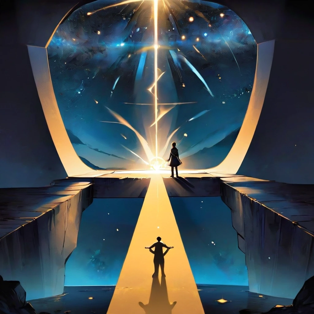 A lone figure standing on a narrow bridge stretching across an endless starry abyss. A compass in their hand points forward. The bridge is made of golden light. Style: epic…