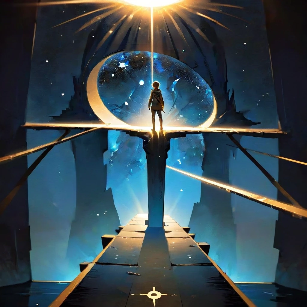 A lone figure standing on a narrow bridge stretching across an endless starry abyss. A compass in their hand points forward. The bridge is made of golden light. Style: epic…