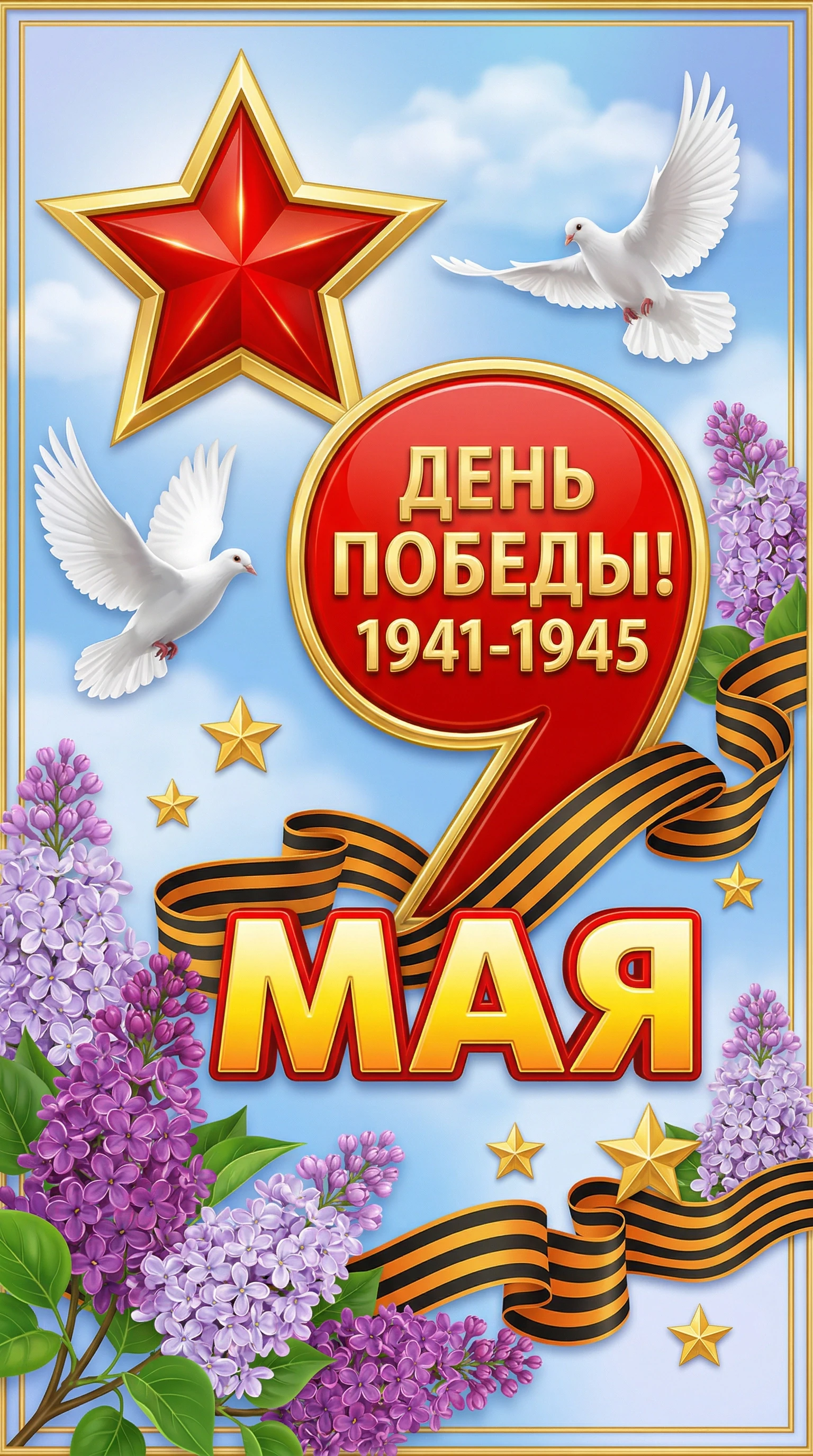 Create a festive image for Victory Day (May 9) in the style of a bright postcard. The composition should be rich and symbolic, with clear, volumetric elements. Key elements: A…