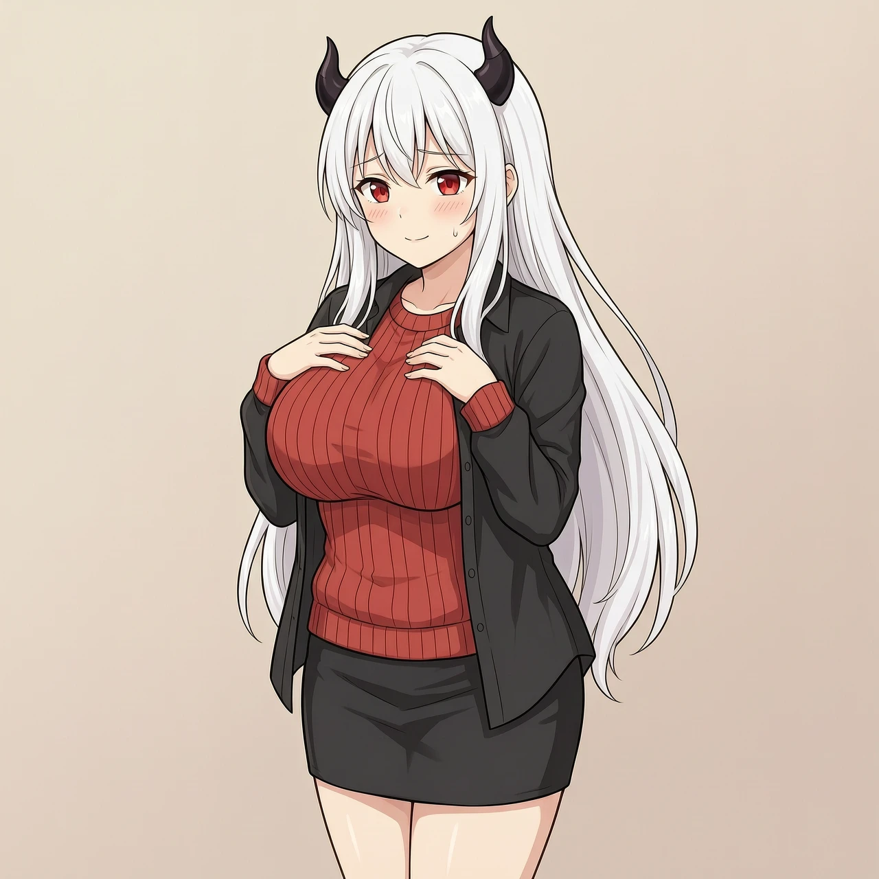 Anime illustration style, clean lineart, soft cel shading. Beautiful young woman with long flowing white hair, small black curved demon horns on her head, bright red eyes. Body…