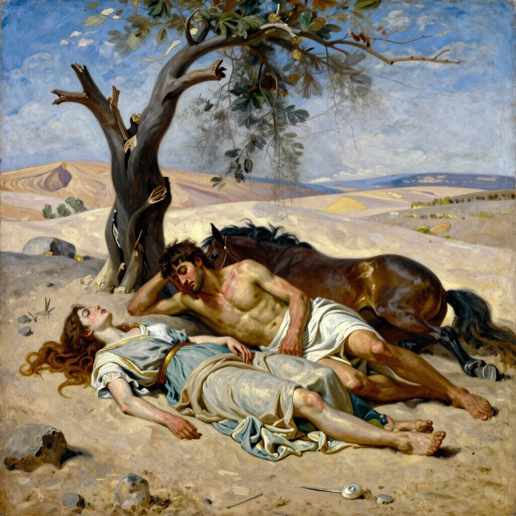 Oil painting, ancient times of Greece, a young man of 20 years old and a girl of 18 years old, lying unconscious on the sand, next to a dried tree and a fallen horse, around the…