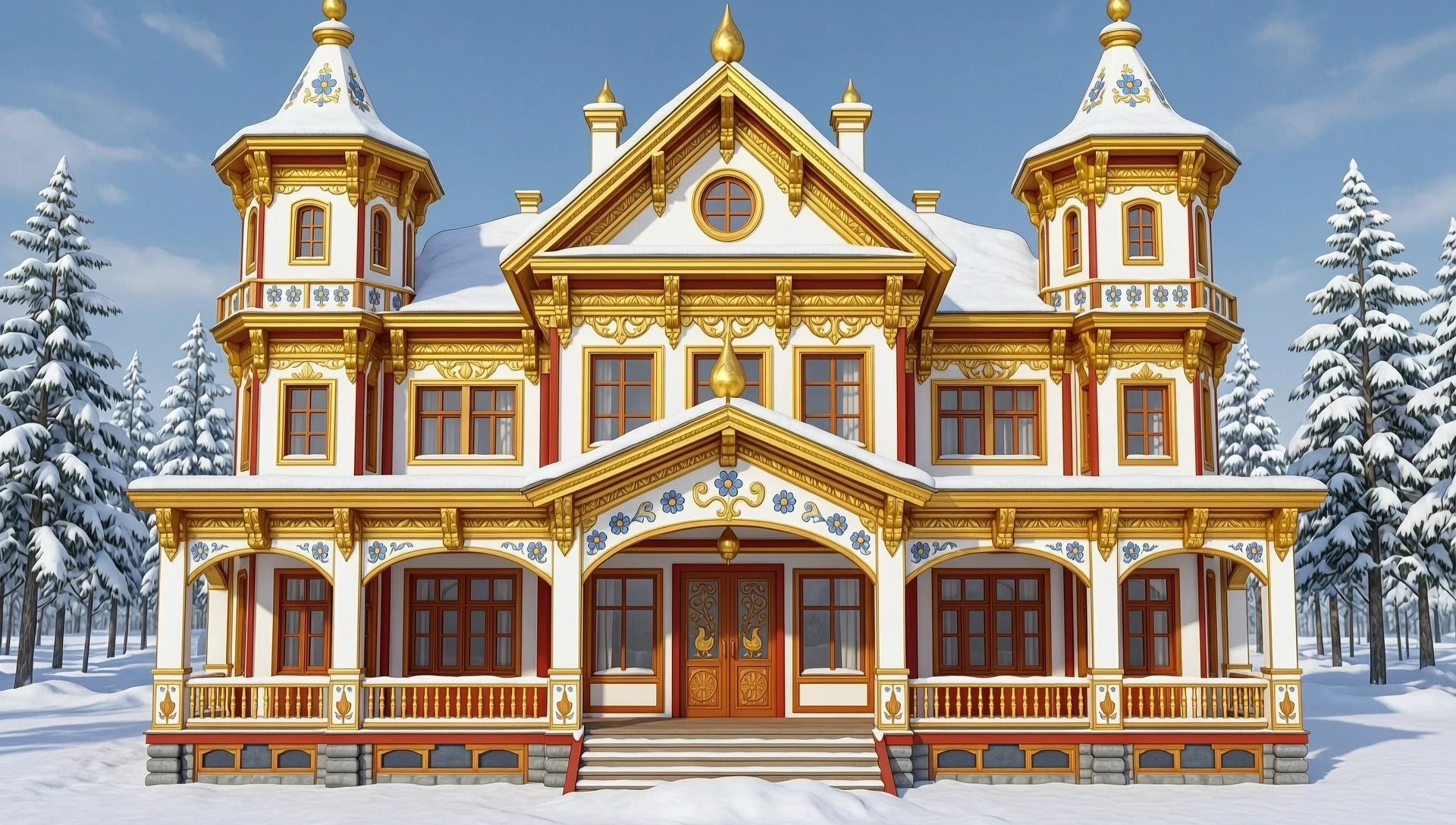 создай рисунок Терем, царская усадьба, 2 этажа, с башнями, кокошниками, аленькими цветочками и жар-птицами на фарфоровых изразцах, построенная в русском народном сказочном стиле…