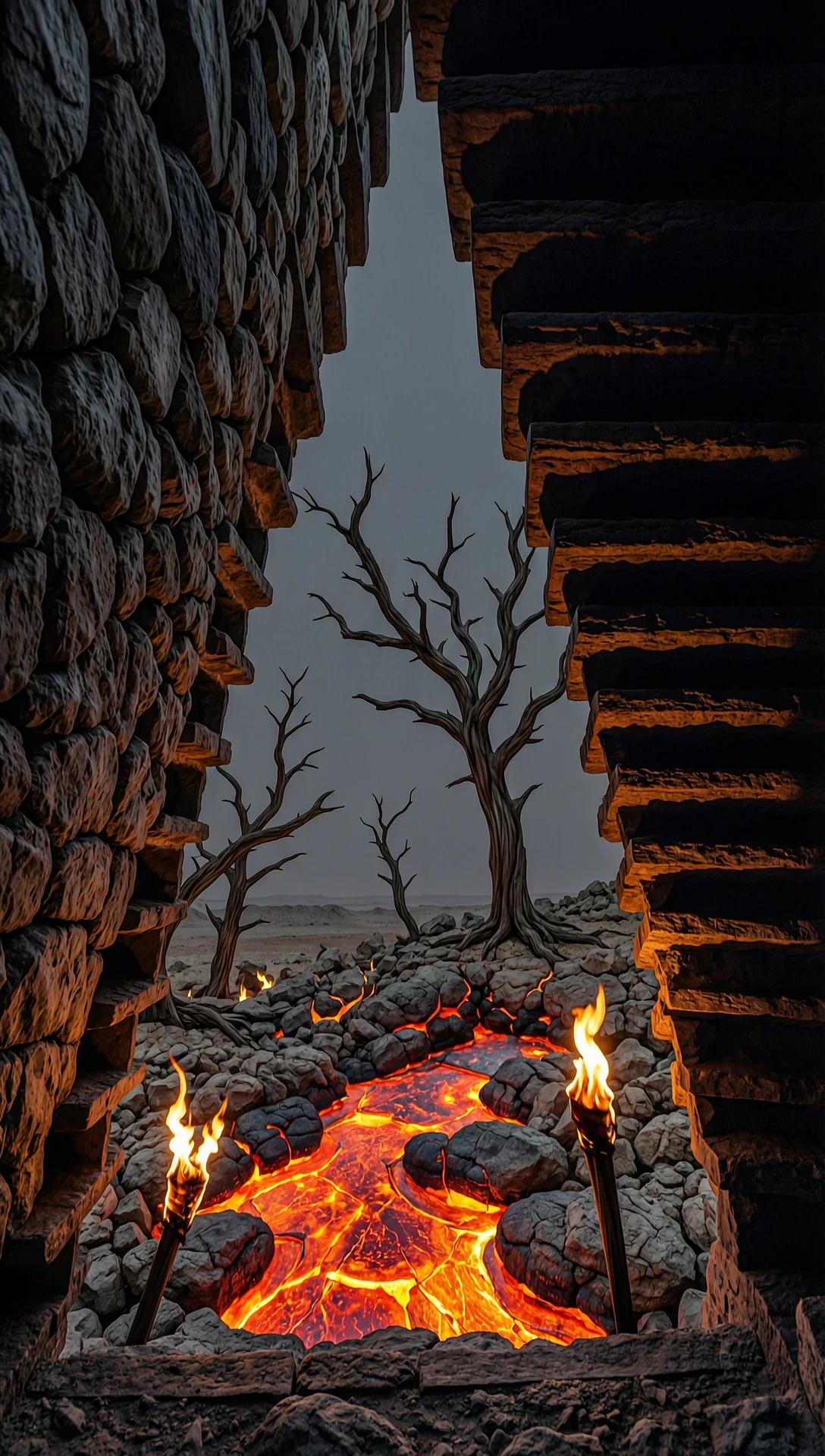 dark staircase, going down, narrowing downwards. There, at the bottom is a stony desert, lava, charred trees, reflections of tongues of flame on the stones. — работа…