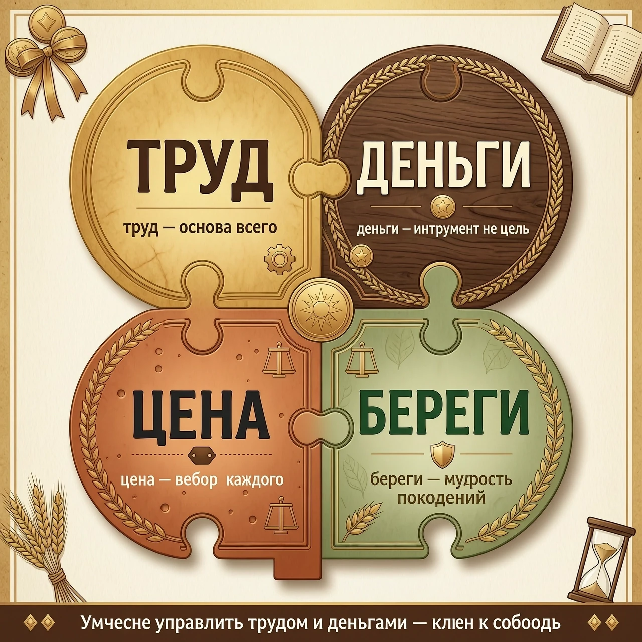4 части пазла-ключа со словами: «ТРУД», «ДЕНЬГИ», «ЦЕНА», «БЕРЕГИ — работа пользователя Ослепительный Бриз