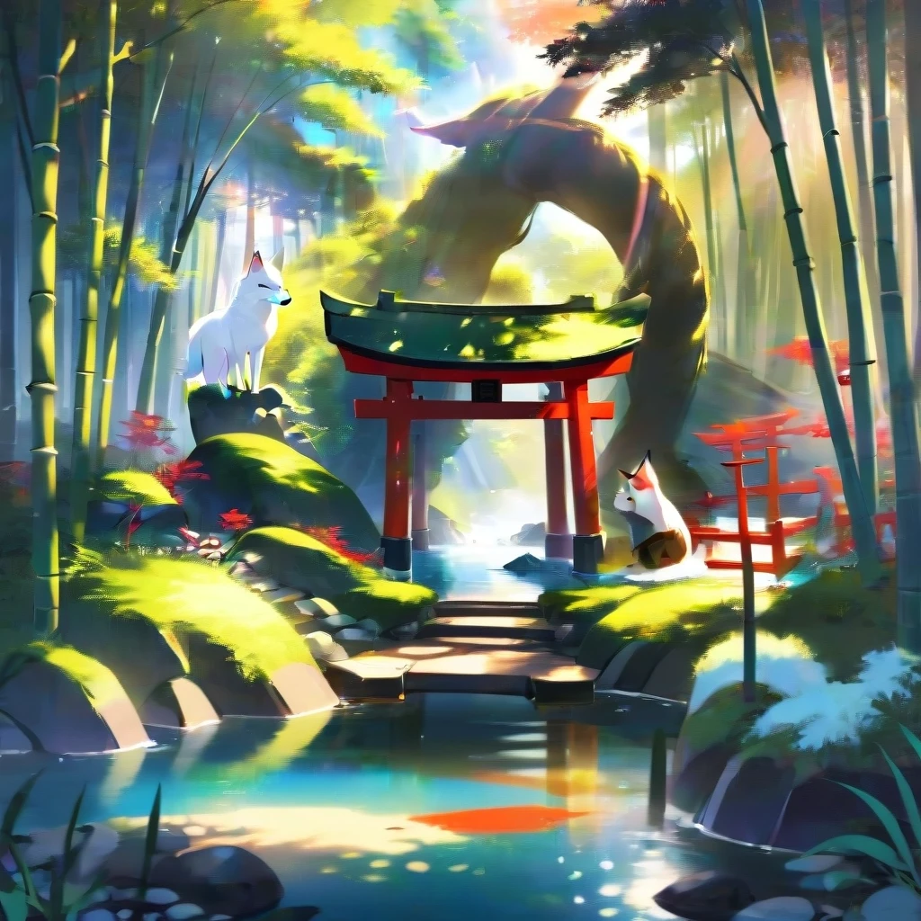 a Japanese shrine dedicated to kitsune, bamboo groves and small lakes along the sides, sunny weather, outline. — работа пользователя Безудержный Свет