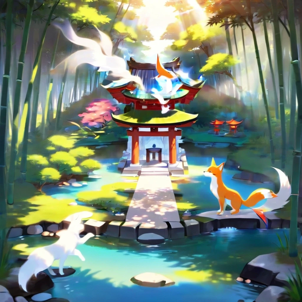 a Japanese shrine dedicated to kitsune, bamboo groves and small lakes along the sides, sunny weather, outline. — работа пользователя Безудержный Свет