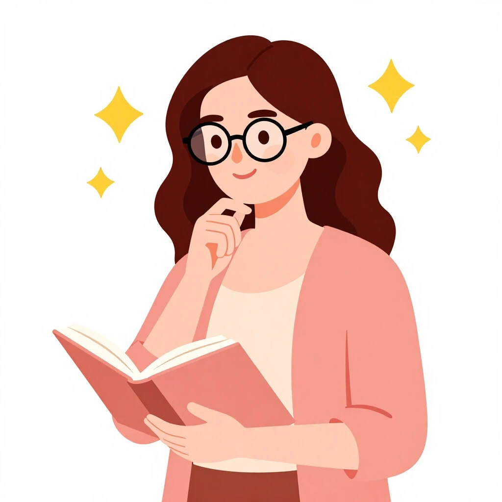 Modern flat vector illustration. A stylish woman from the waist up with wavy chestnut hair and stylish glasses perched on her nose. Large nose, dot eyes, a gentle friendly…