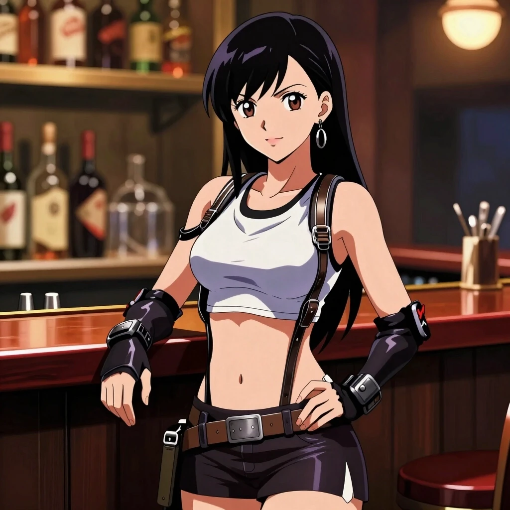 Anime art, Tifa Lockhart girl, standing behind the bar counter — работа пользователя Солнечный Лазурь