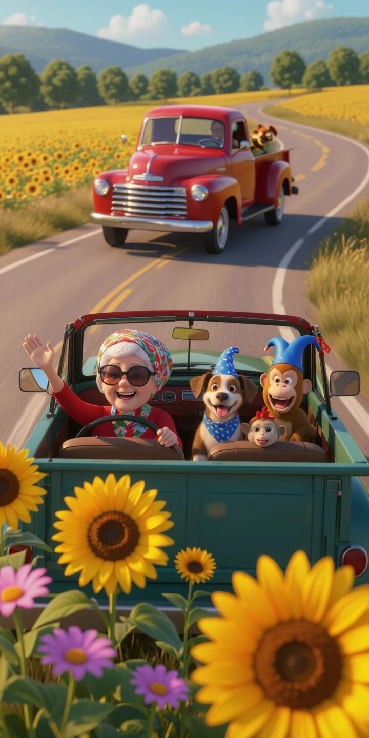 Pixar-style 3D animation, cinematic wide shot. Deep depth of field: foreground is wildflowers and sunflowers in sharp focus; middle ground is the winding country road; far…