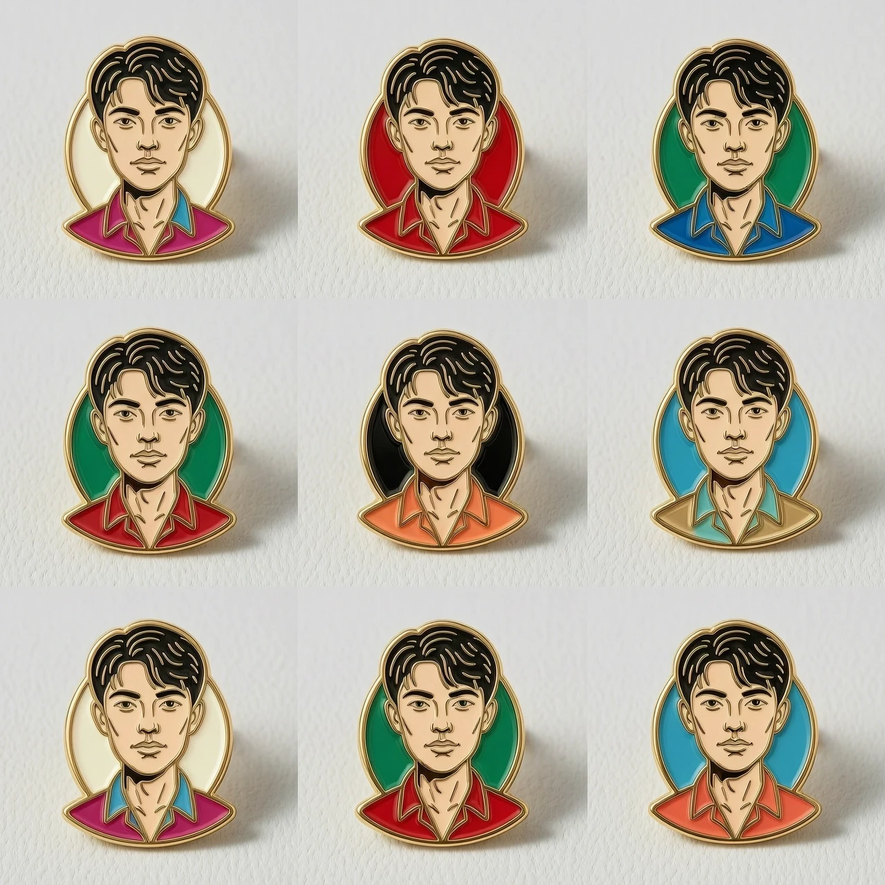 A collection of 6 hyper-realistic illustrated enamel pins arranged in a professional 4x5 grid composition, using the provided photo as a strict visual reference for character…