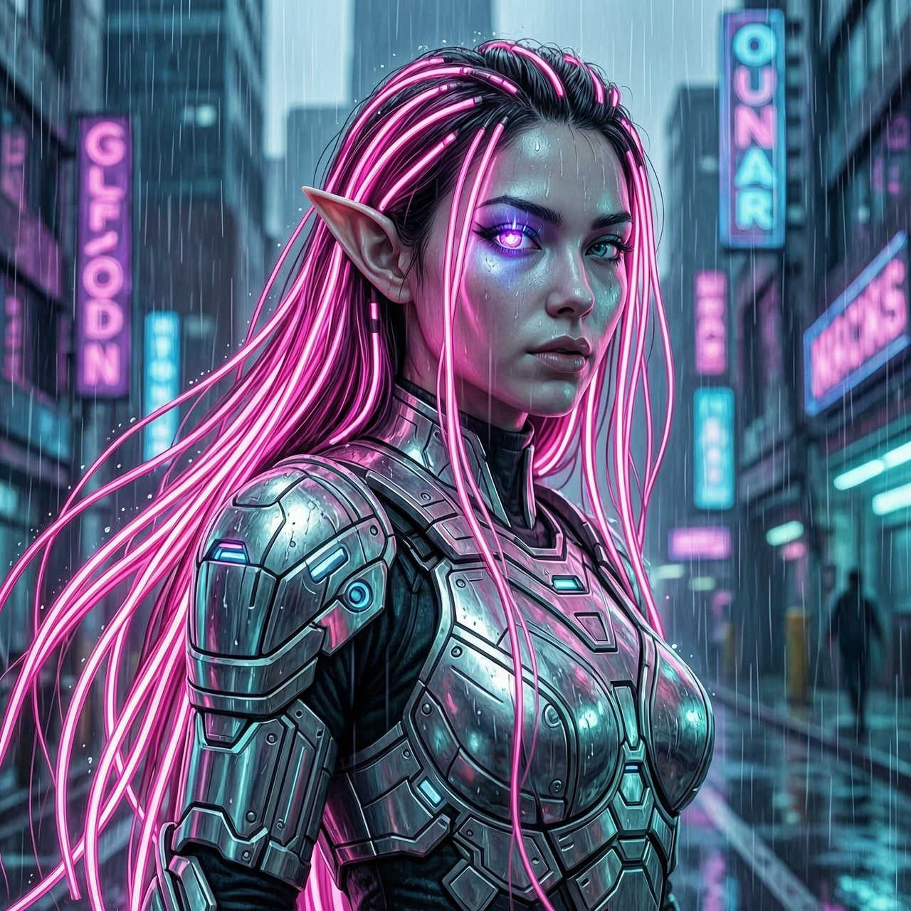 Futuristic cyberpunk elf woman, long hair with glowing neon-pink fiber-optic strands, wearing high-tech intricate metallic armor, neon city background, rain, glowing cybernetic…