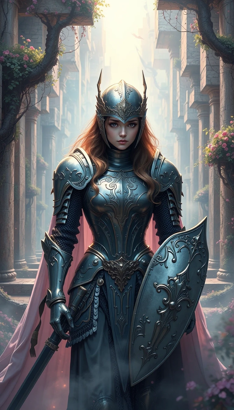 A fantasy digital illustration of a beautiful knight in ornate armor, set in a dreamy ethereal labyrinth. — работа пользователя Быстрая Струна