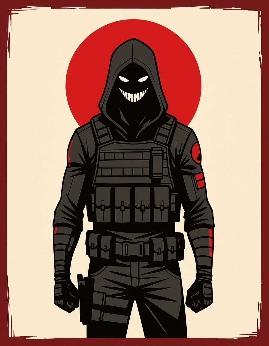 Comic book style, graphic illustration, limited color palette of 3 colors: blood-burgundy, pure black, dark grey. A single ominous silhouette of a tall, broad-shouldered man…